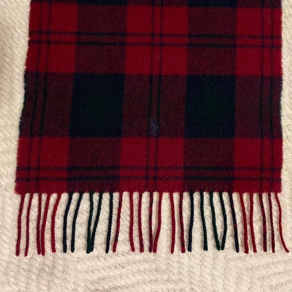 Ralph Lauren Blue Label 100% Lamb's Wool Dark Red/Green Plaid Scarf